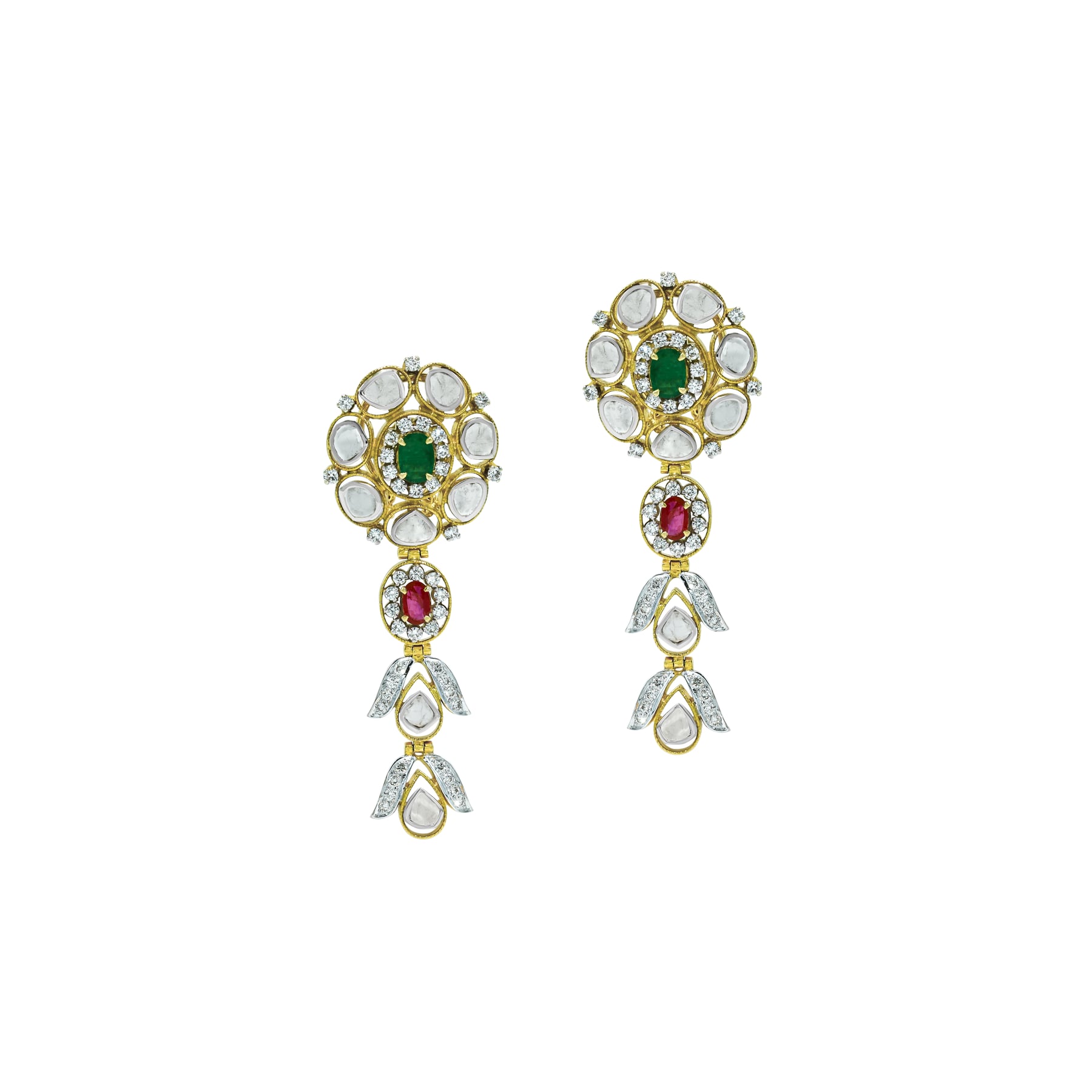 Layered Polki Necklace Set with Emeralds, Rubies, and Drops